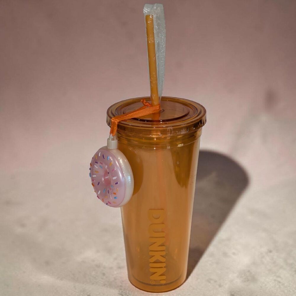 Dunkin Donuts 24oz Orange Tumbler With Straw And Donut Ornament